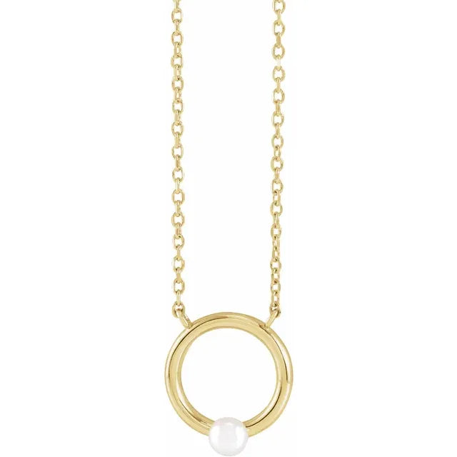 Tiny 14K Yellow Cultured Seed Pearl Circle Pendant, Comes with 18" Necklace