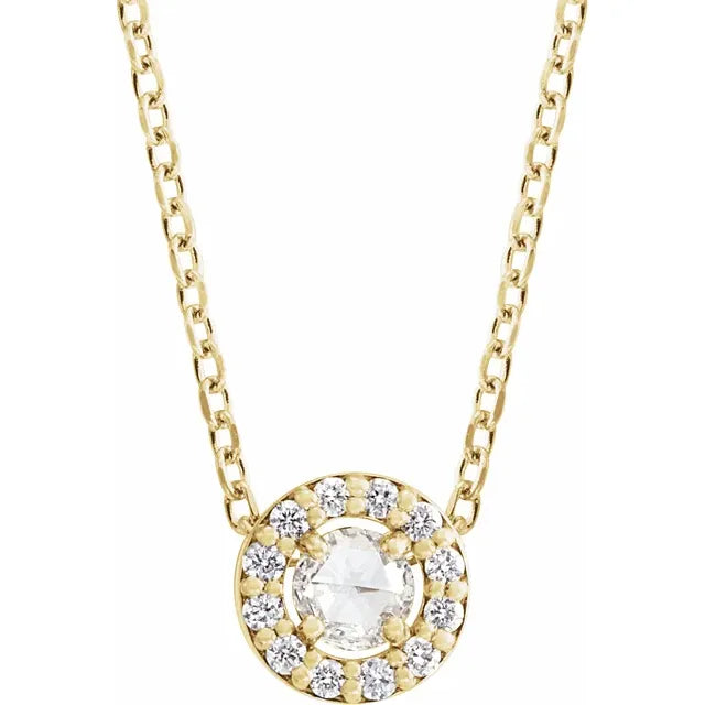 14K Yellow 1/8 CTW Rose-Cut Natural Diamond Halo-Style, comes with adjustable 16-18" Necklace