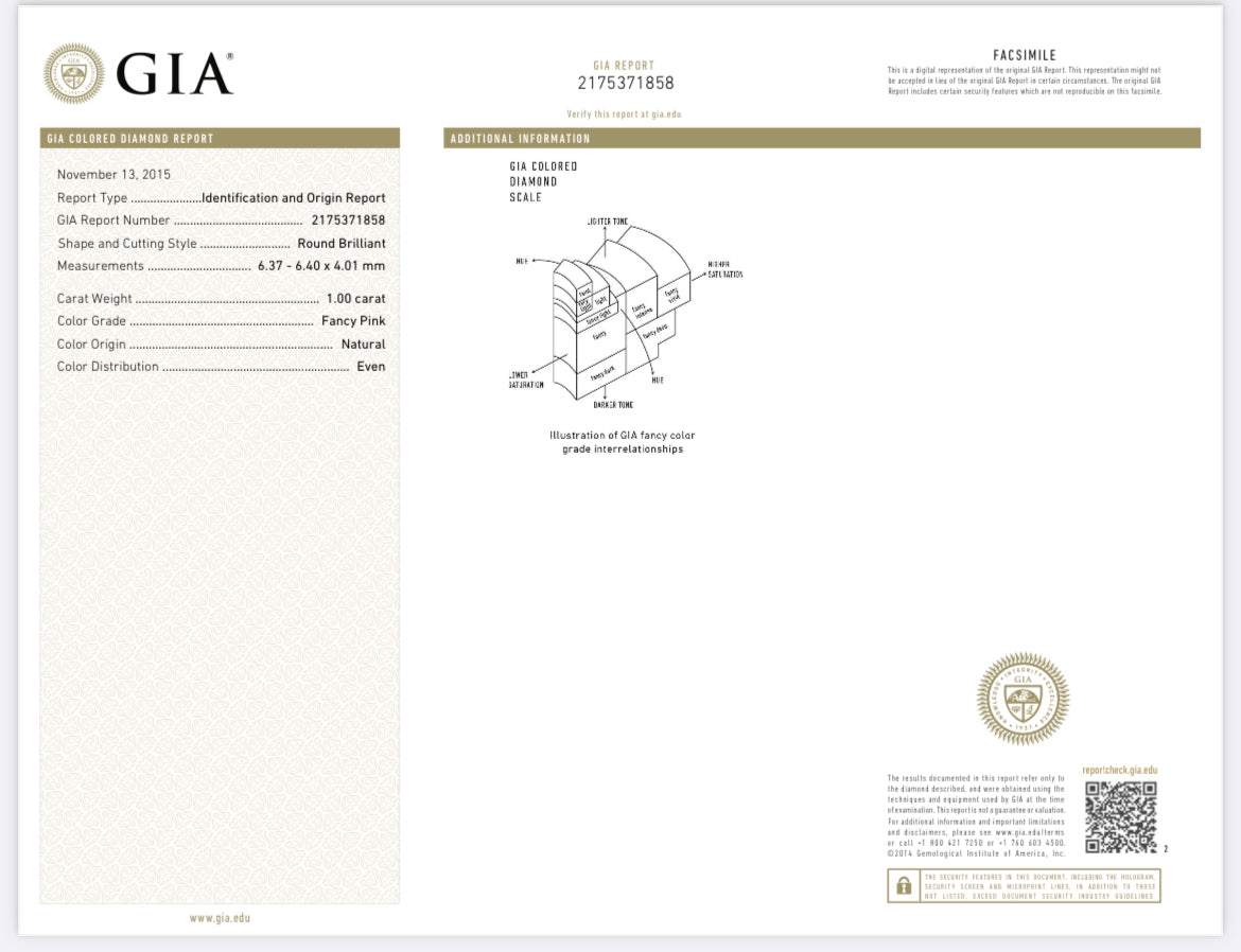 Round 1.00 Carat Fancy Pink, Natural Colored Diamond GIA Diamond Report 2175371858
