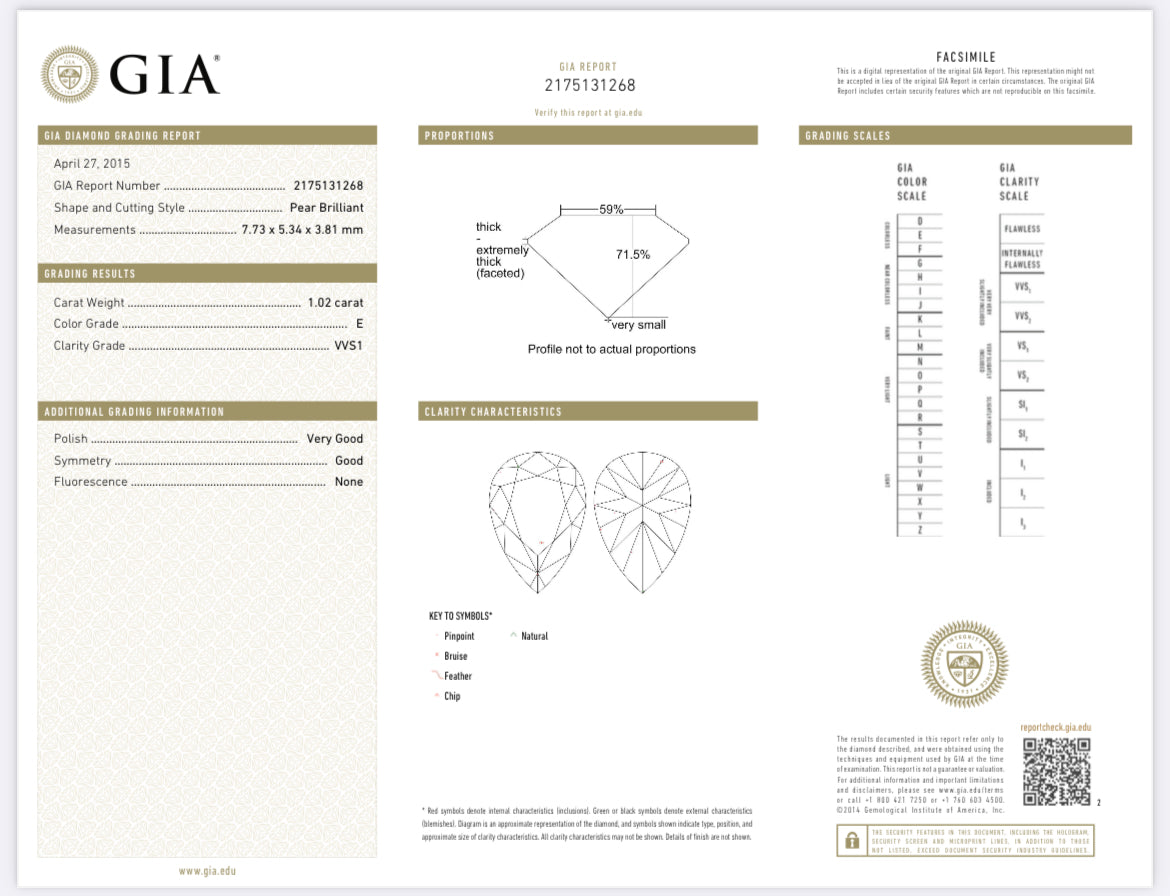 1.02 Carat Pear Shape Diamond E , VVS1 , GIA Certified 2175131268 //