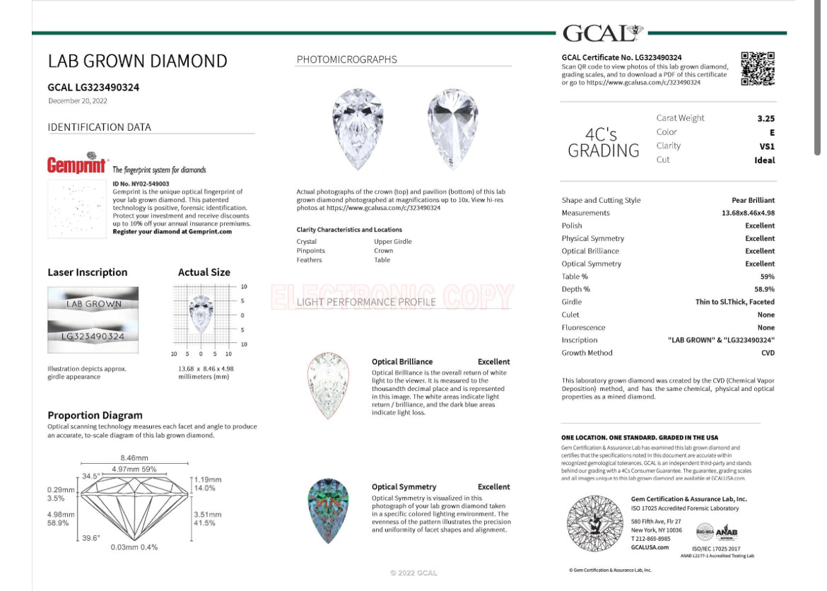 PEAR 3.25 Lab Grown Diamond , Color E , Clarity VS1 GCAL Certificat LG323490324 - IDEAL