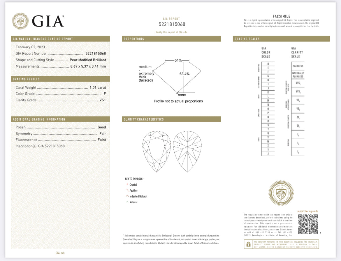 1.01 Carat Pear Shape Diamond F, VS1 , GIA Certified 5221815068
