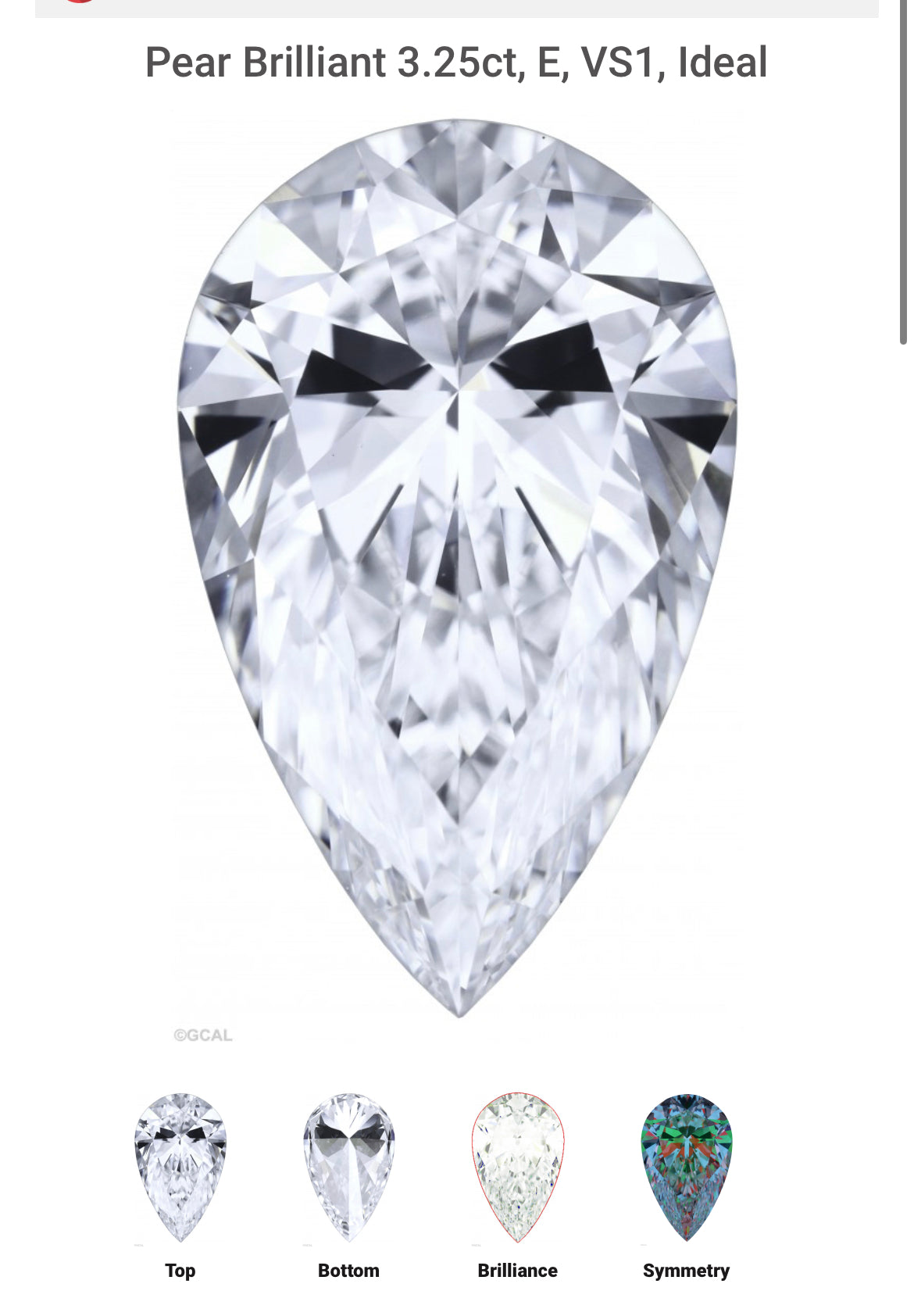 PEAR 3.25 Lab Grown Diamond , Color E , Clarity VS1 GCAL Certificat LG323490324 - IDEAL