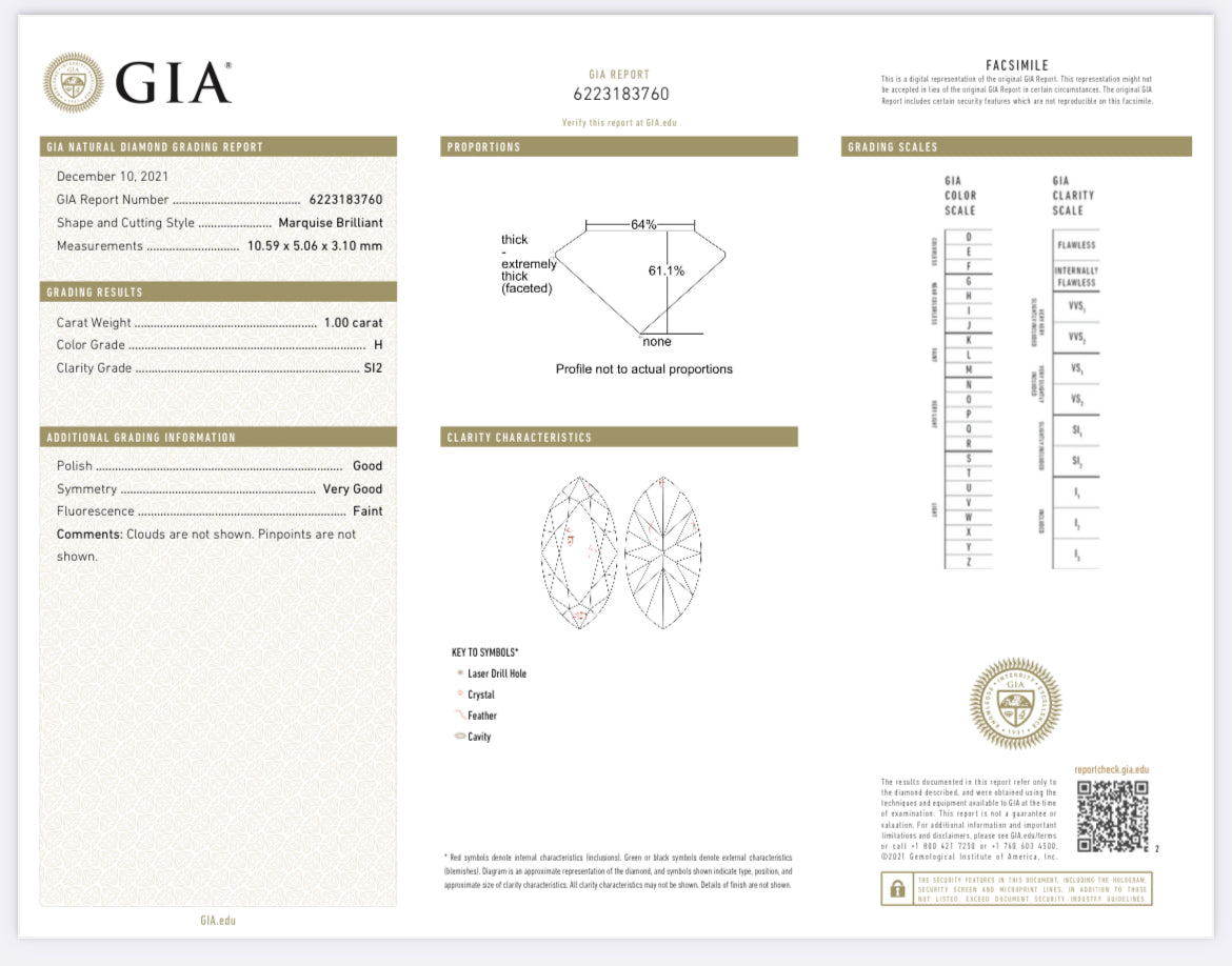 1.00 carat Marquise Diamond H, S12 , GIA CERTIFICATE 6223183760