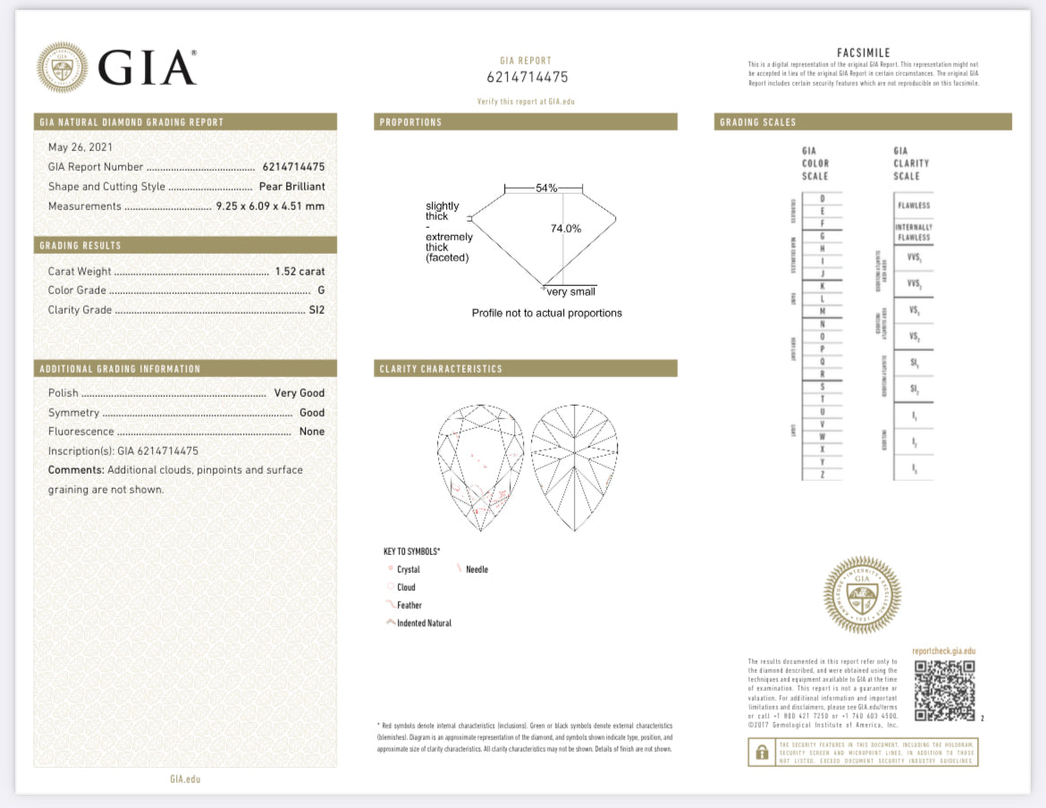1.52 Carat Pear Shape Diamond G , SI2 , GIA Certified 6214714475