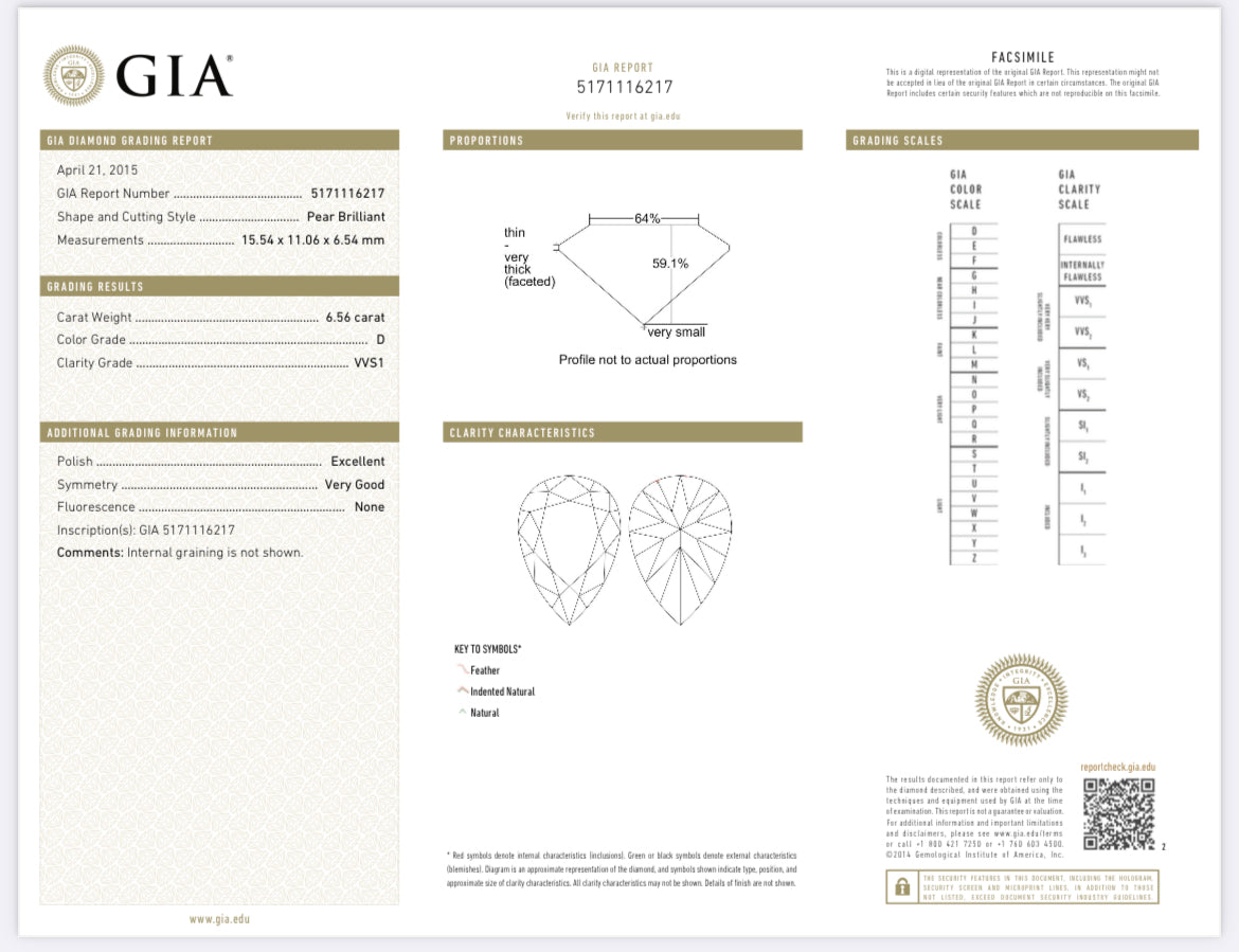6.56 Carat Pear Shape Diamond , D , VVS2 , GIA Certificate 5171116217