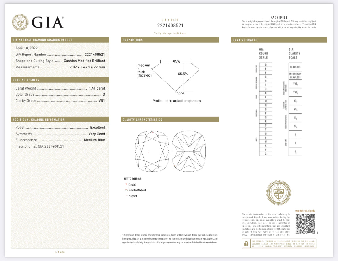 1.41 Carat Cushion Cut Diamond D , VS1 , GIA Certified 2221408521
