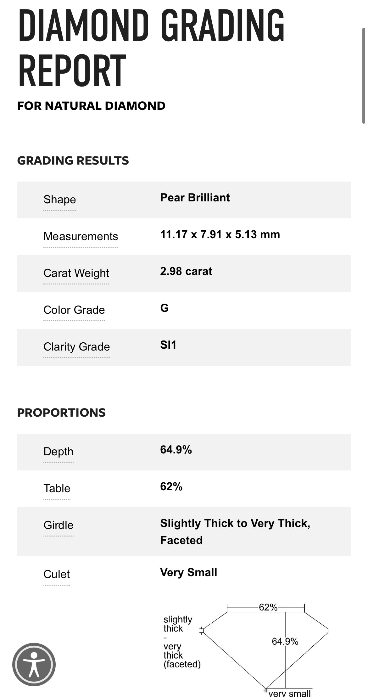 2.98 Carat Pear Shape Diamond , G , SI1 , GIA Certificate 2225640230 //
