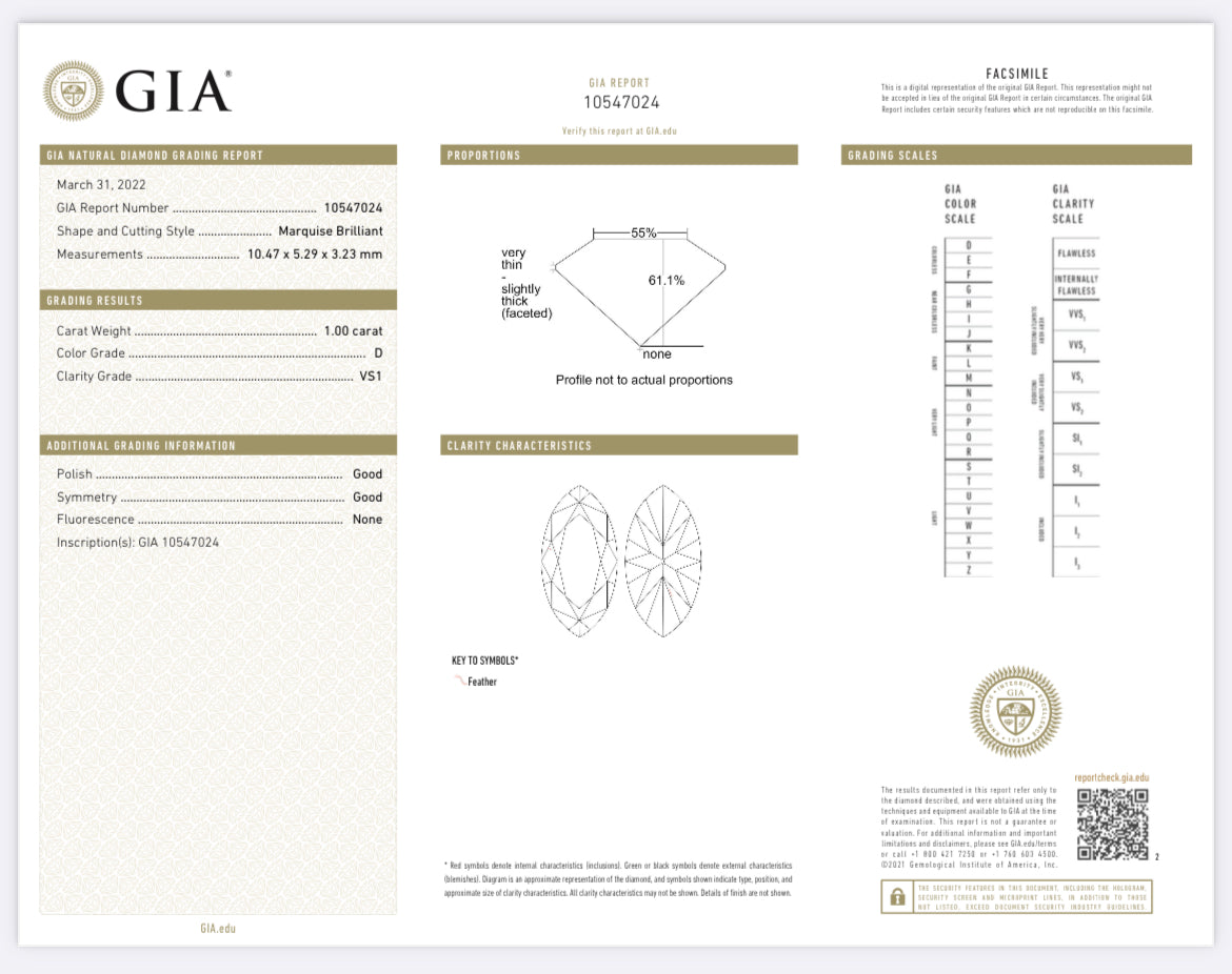 1.00 carat Marquise Diamond D, VS1 , GIA CERTIFICATE 10547024