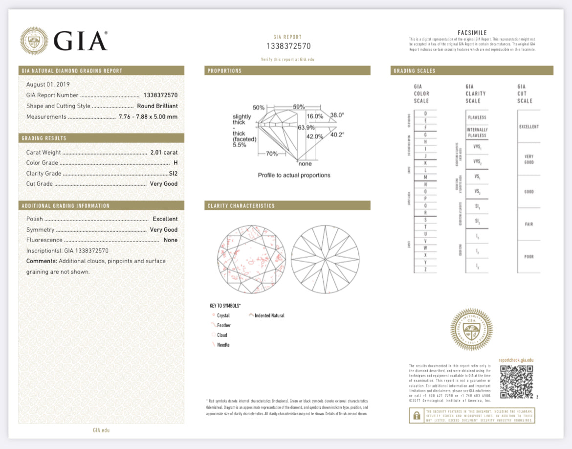 2.01 Carat Round Diamond H, SI2 , GIA Certified 1338372570