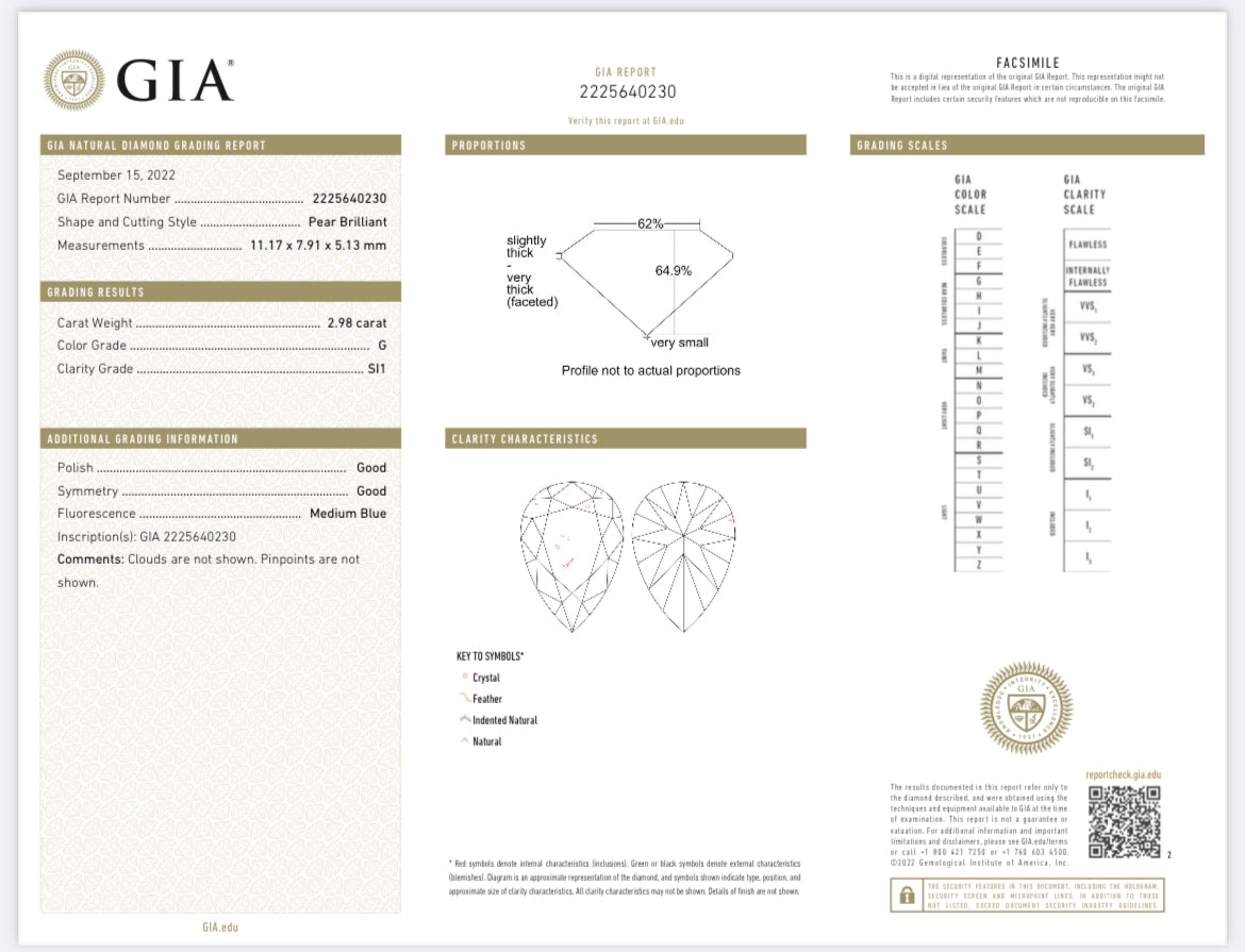 2.98 Carat Pear Shape Diamond , G , SI1 , GIA Certificate 2225640230 //