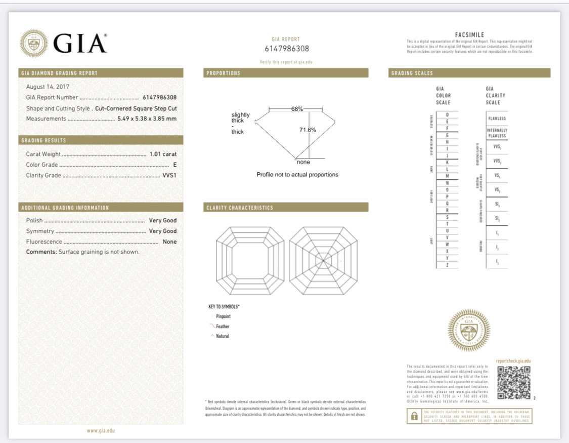 1.01 Carat Asscher Cut Diamond E , VVS1 , GIA CERTIFICATE 6147986308 //