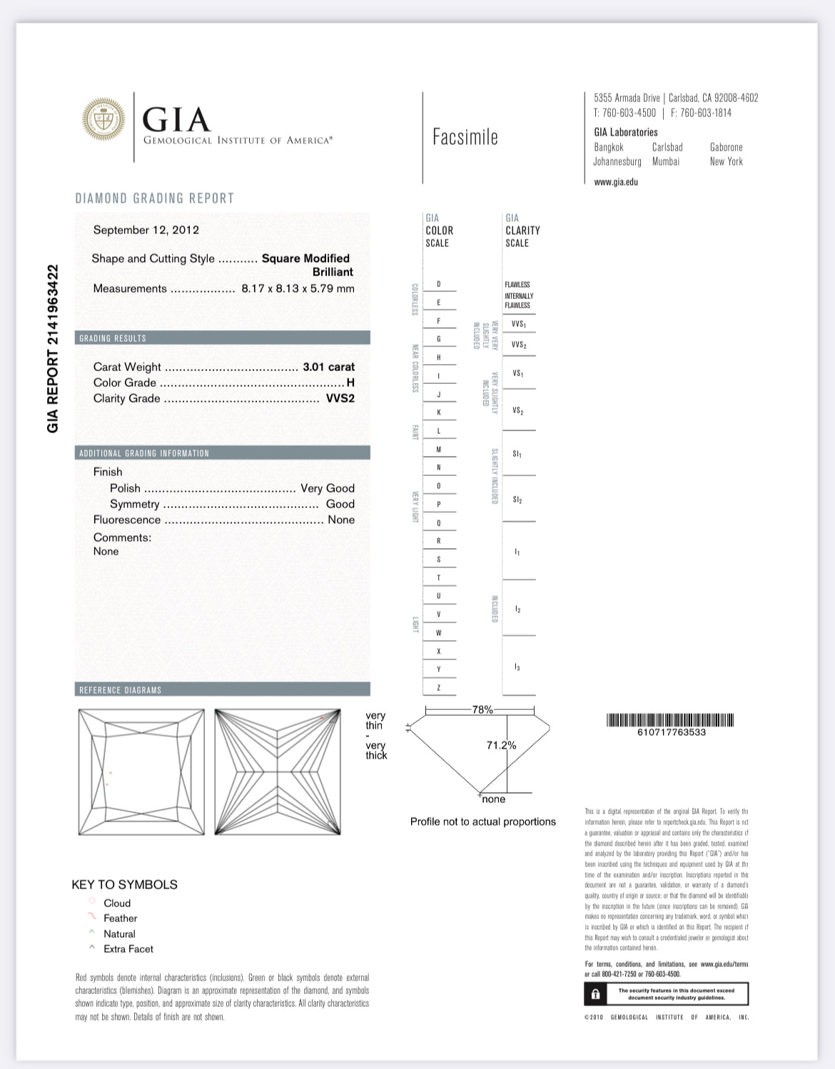 3.01 Carat Princess Cut Diamond H , VVS2 , GIA Certified 2141963422 // Available For Purchase