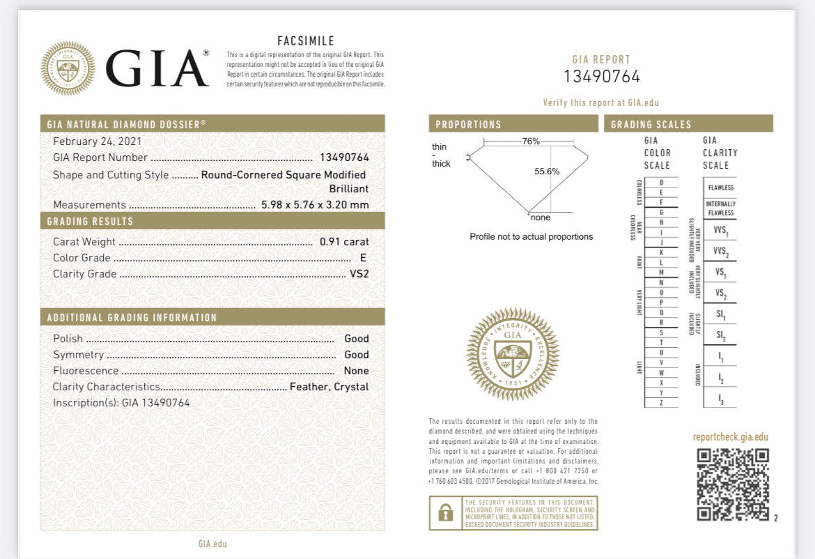 .91 Carat Cushion Cut Diamond E , VS2 , GIA Certified 13490764