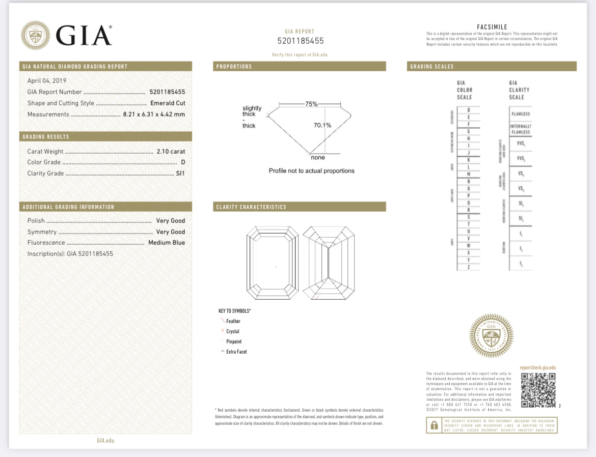 2.10 Carat Emerald Cut Diamond D , SI2, Flawless , GIA CERTIFICATE 5201185455