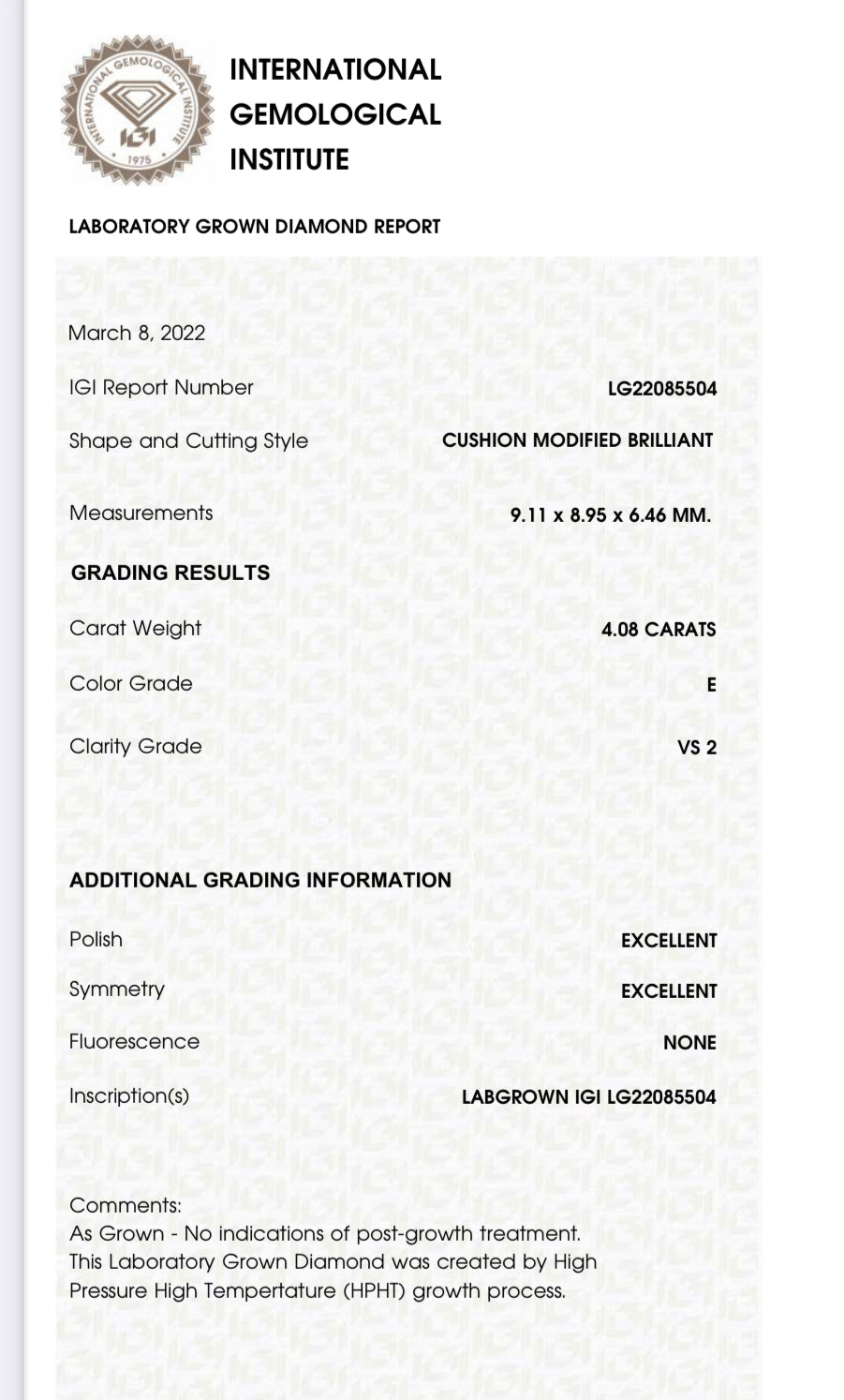 CUSHION 4.08 Carat Lab Grown Diamond , Color E , Clarity VS2 , IGI EXCELLENT