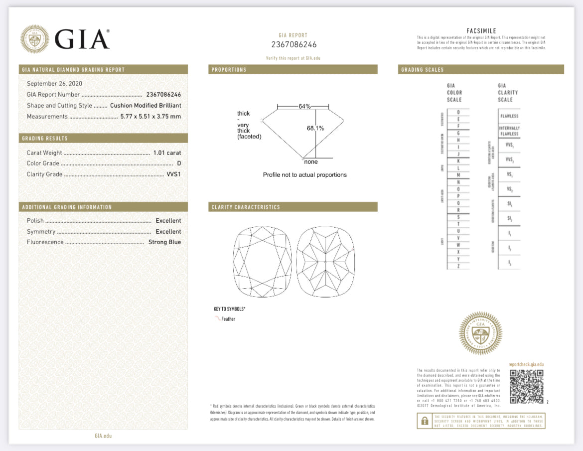 1.01 Carat Cushion Cut Diamond D , VVS1 , GIA Certified 6167167310