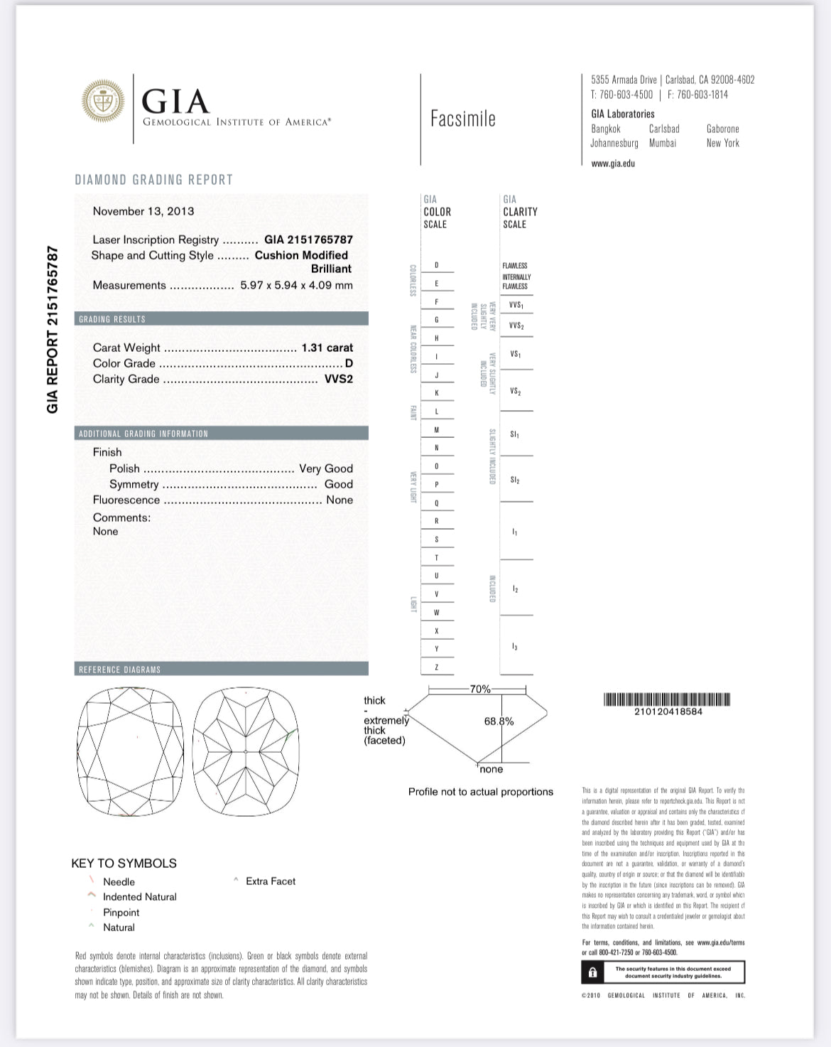 1.31 Carat Cushion Cut Diamond D , VVS2 , GIA Certified 2151765787