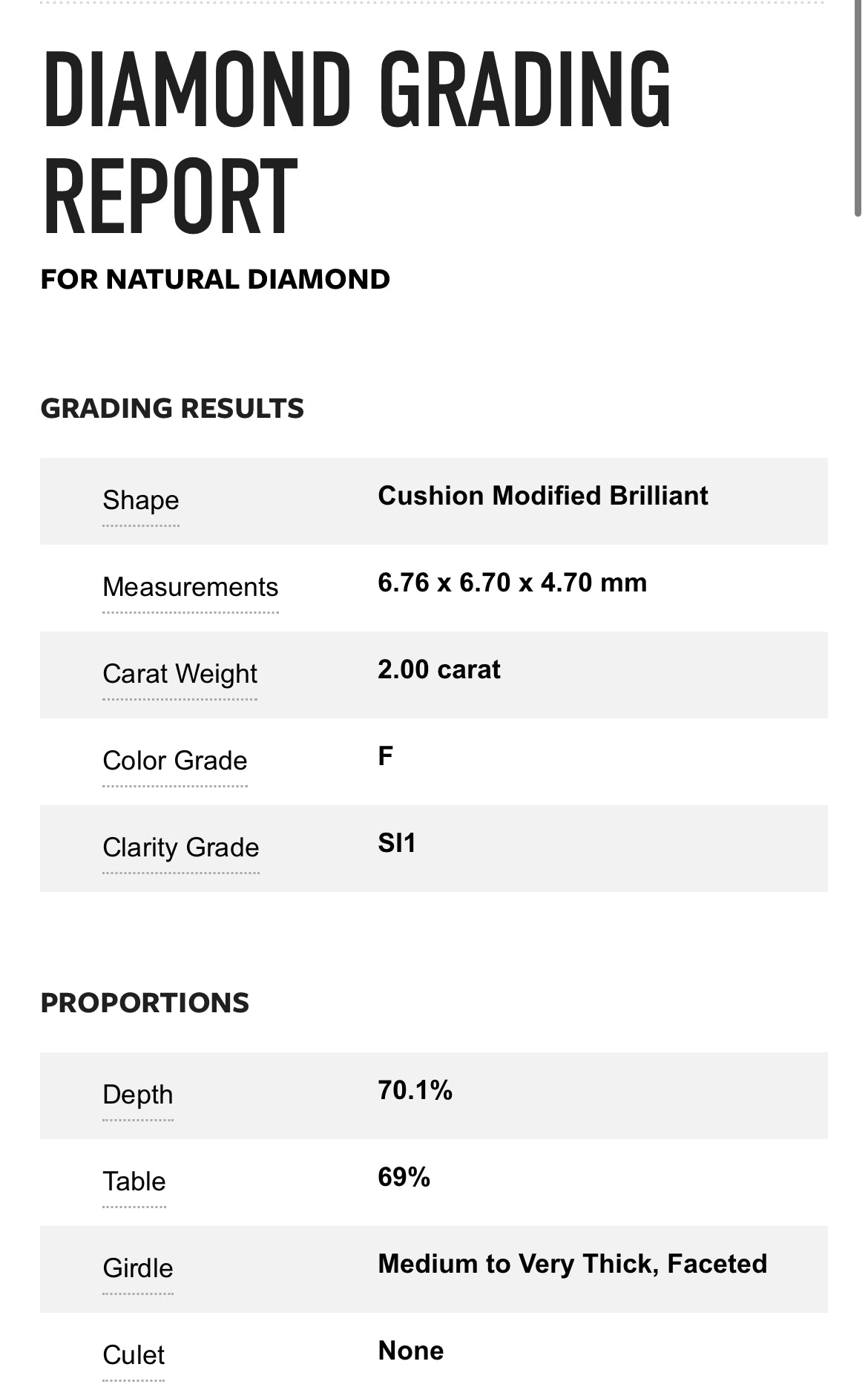 2.00 Carat Cushion Cut Diamond , Color F , Clarity SI1 GIA Diamond Report 2207040751