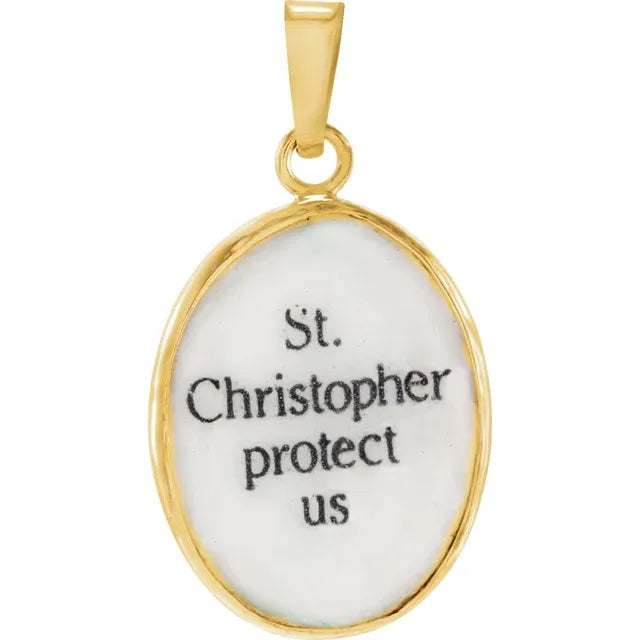 14K Yellow Gold Hand Painted Porcelain Saint Christopher Pendant- Made in Italy