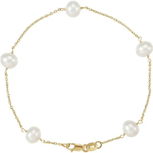 14K Yellow Gold Pearl Station Bracelet 7 Inches
