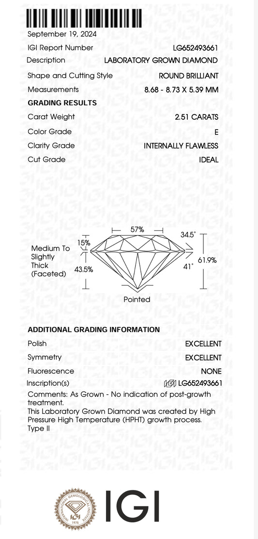 2.51  Carat Round Lab Grown Diamond, Color E , Flawless  , IDEAL + Excellent  Cert  LG652493661