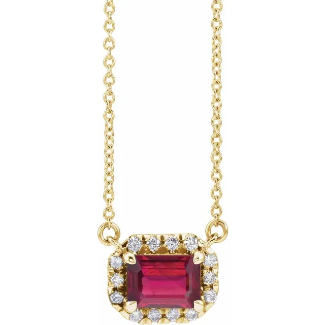 14K Yellow Gold Lab Grown Ruby Size 6x4 mm & 1/5 CTW Natural Diamond, 18" Necklace