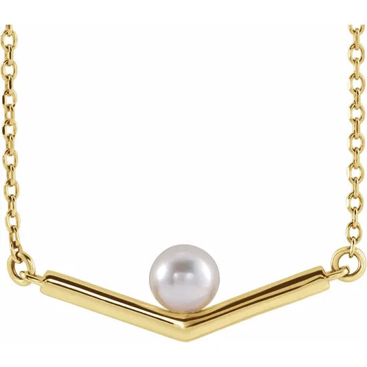 14K Yellow Gold Cultured V Shape Pendant with White Akoya Pearl , comes with 18" Necklace