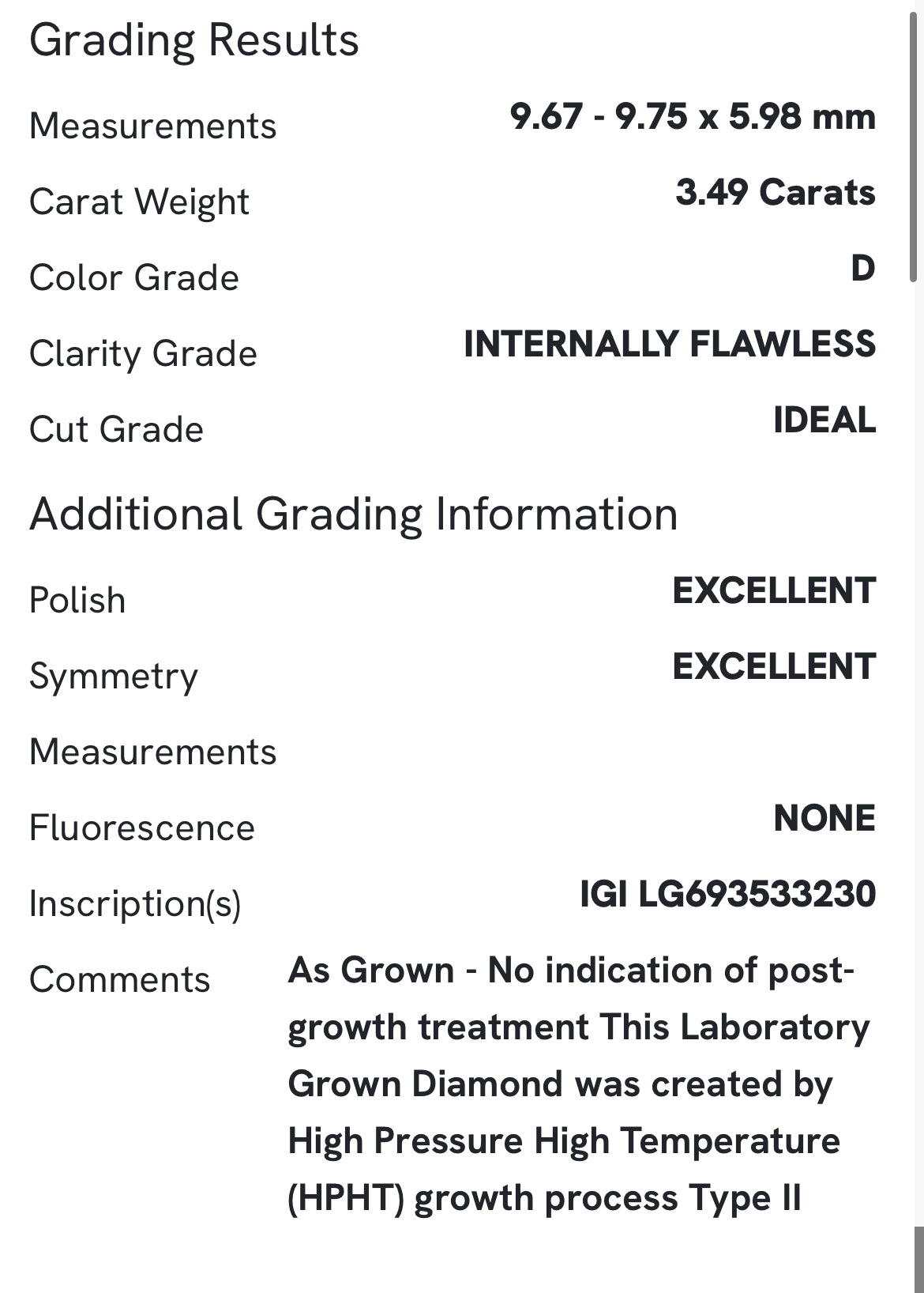 3.49 Carat Round Lab Grown Diamond, Color D , IDEAL FLAWLESS, LG321880285