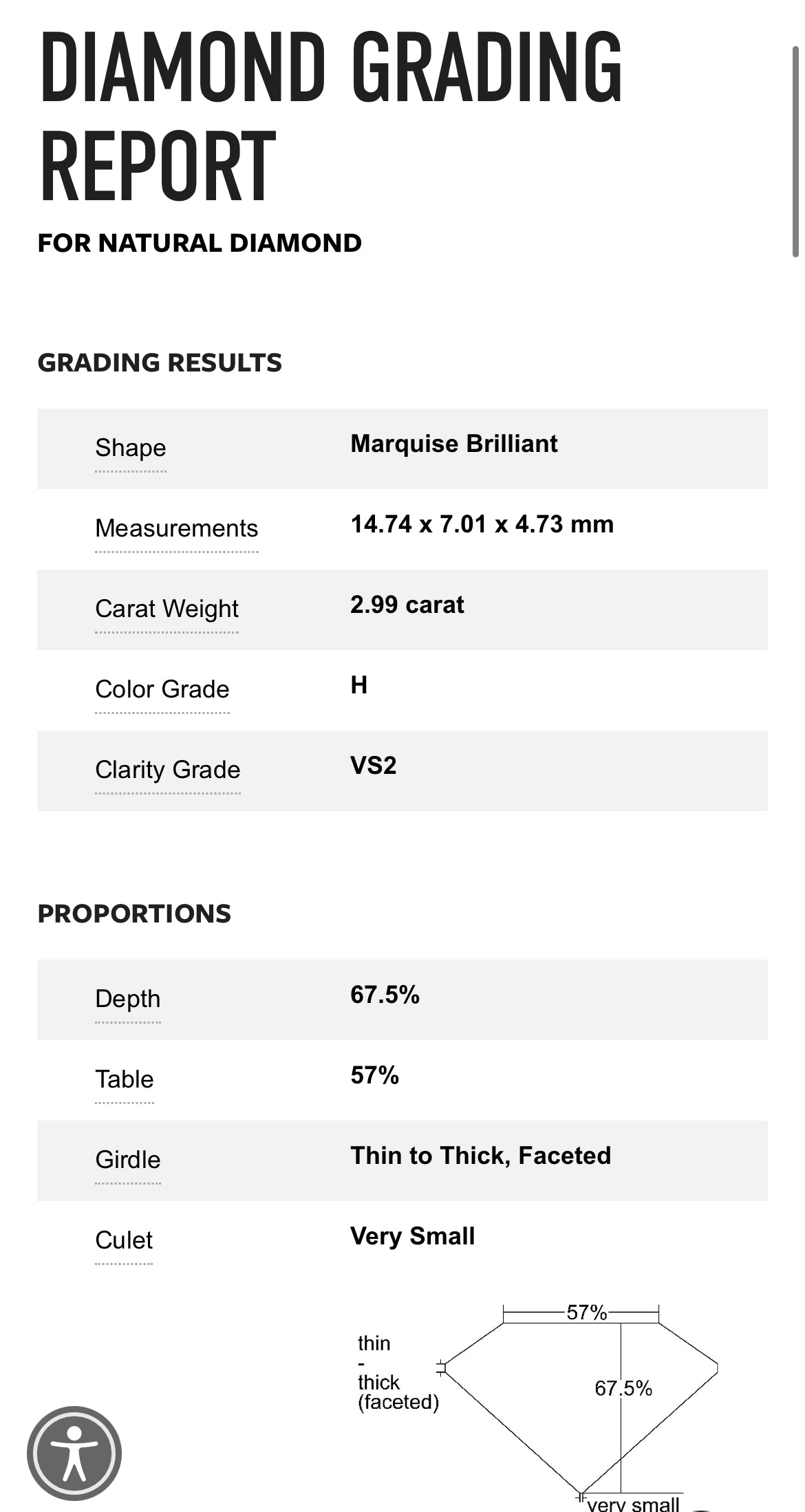 2.99 Carat Marquise Diamond , Color H , Clarity VS2, GIA 5221623497