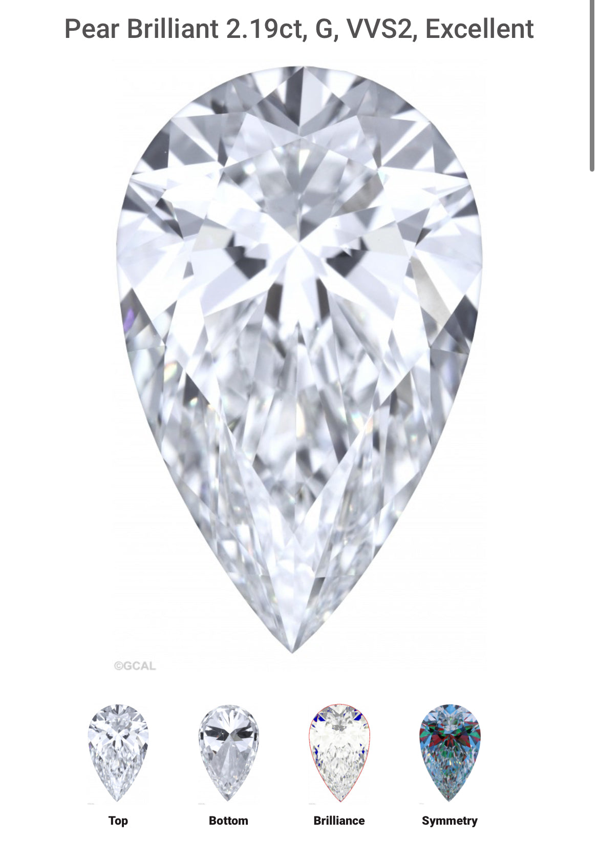 Pear 2.19 Lab Grown Diamond , Color G , Clarity VVS2, GCAL TRIPLE EXCELLENT Certificate LG330041526