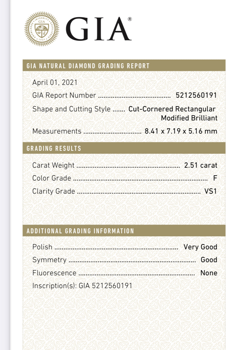2.51 carat Natural Radiant Cut Diamond , Color F , clarity VS1 - GIA 5212560191