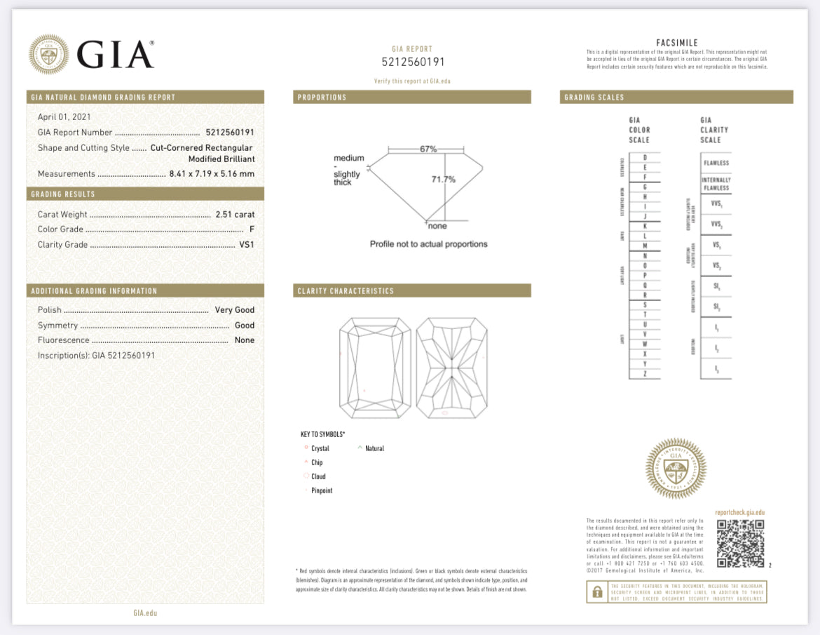 2.51 carat Natural Radiant Cut Diamond , Color F , clarity VS1 - GIA 5212560191
