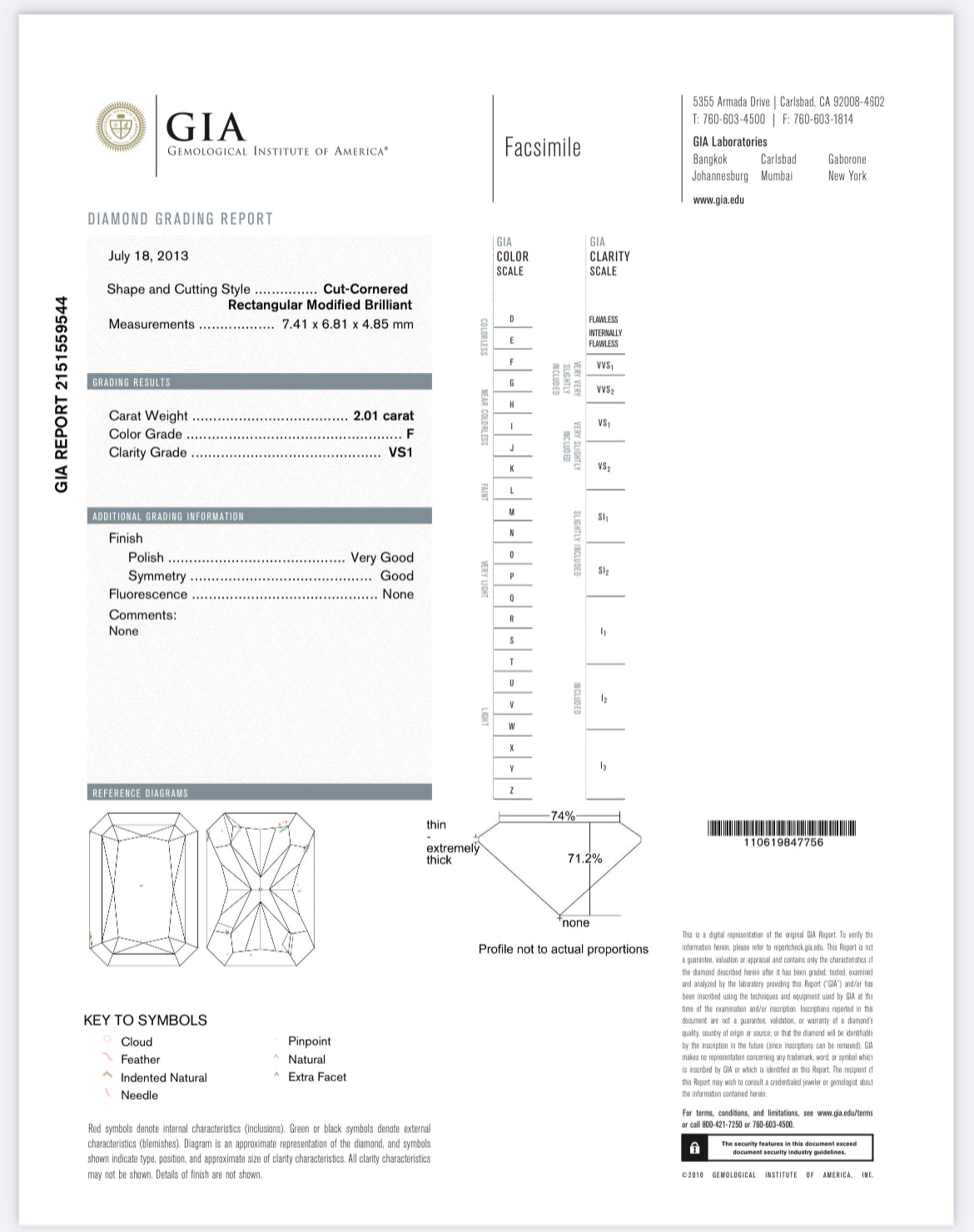 2.01 carat Natural Radiant Cut Diamond , Color F , Clarity VS1 - GIA 2151559544