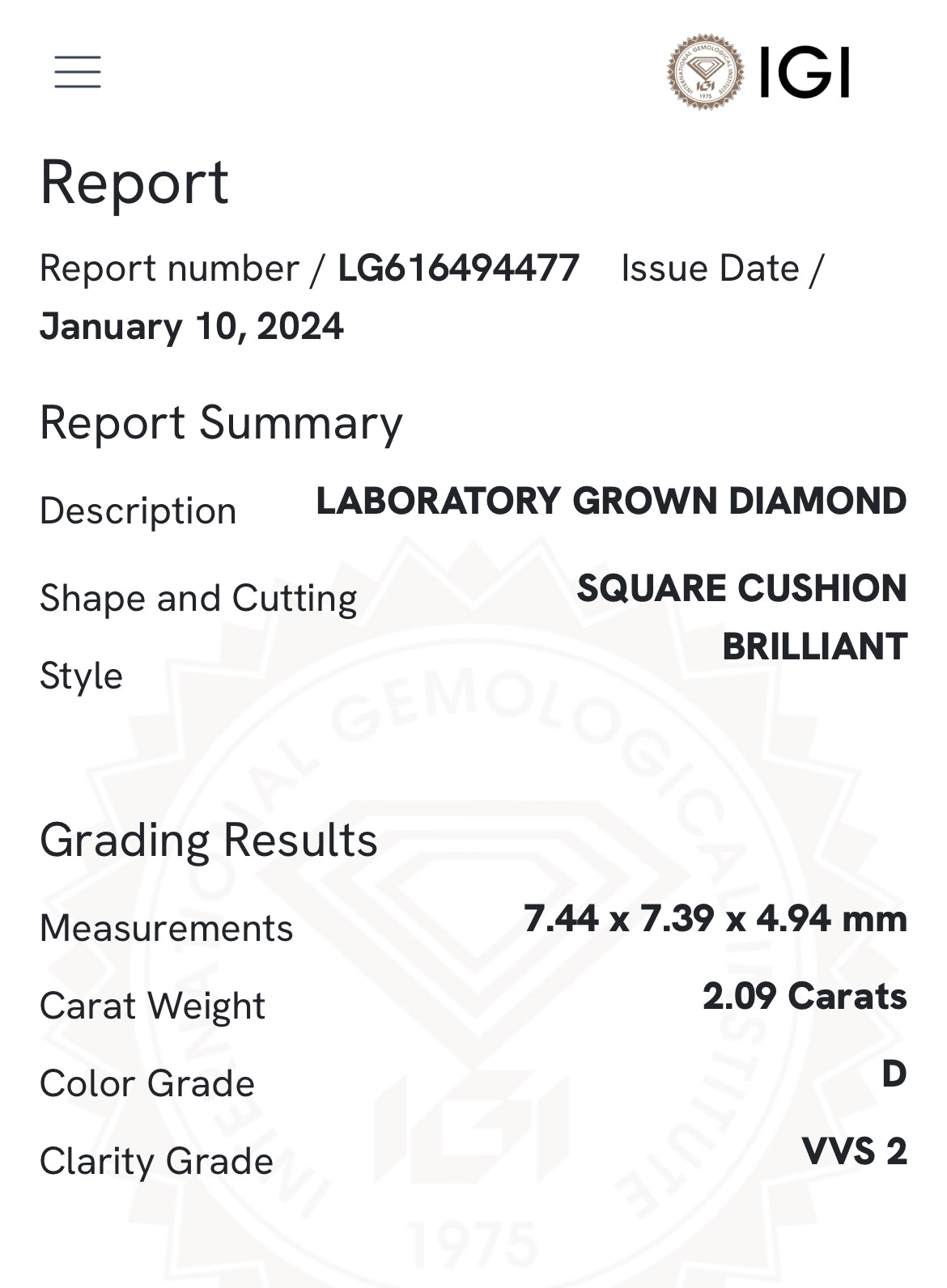 2.09 Lab Cushion Cut Diamond , Color D , Clarity VVS2  Excellent and Excellent , Certificate IGI 616494477