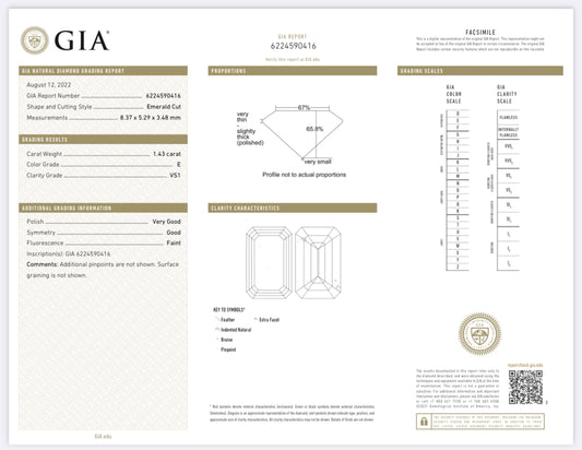 1.43 Carat Emerald Cut Diamond E , VS1 , GIA CERTIFICATE 622459016