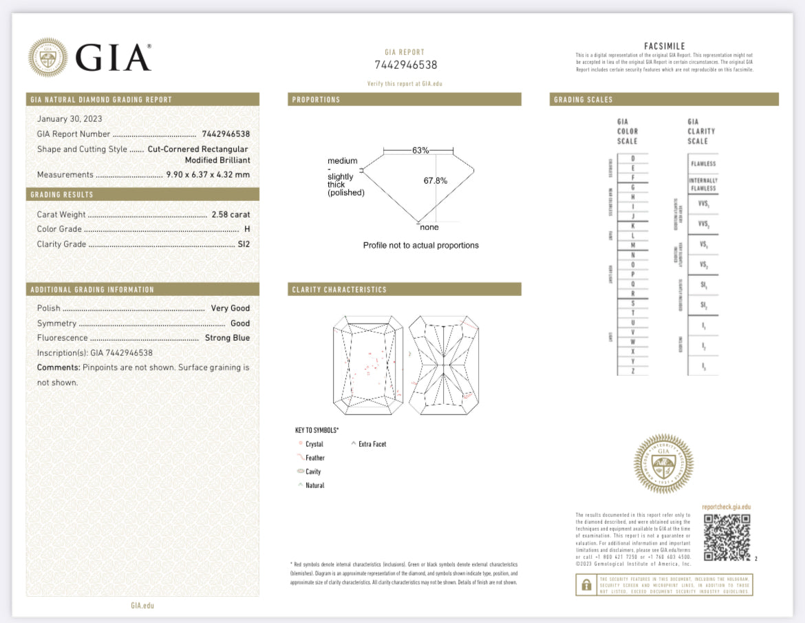 2.58 carat Natural Radiant Cut Diamond , Color H , clarity SI2 - GIA 7442946538