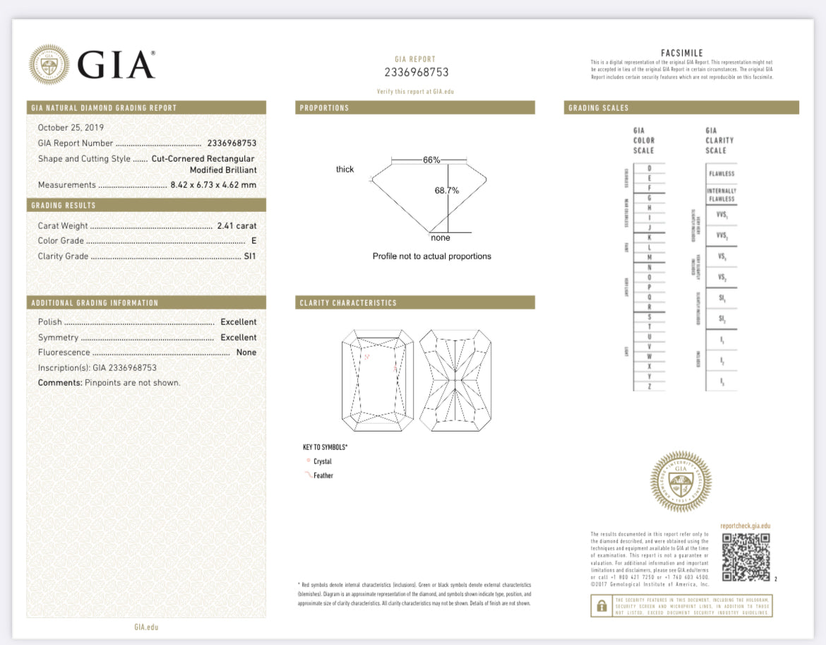 2.41 carat Radiant Cut Diamond , Color E , Clarity SI1 - GIA 2336968753