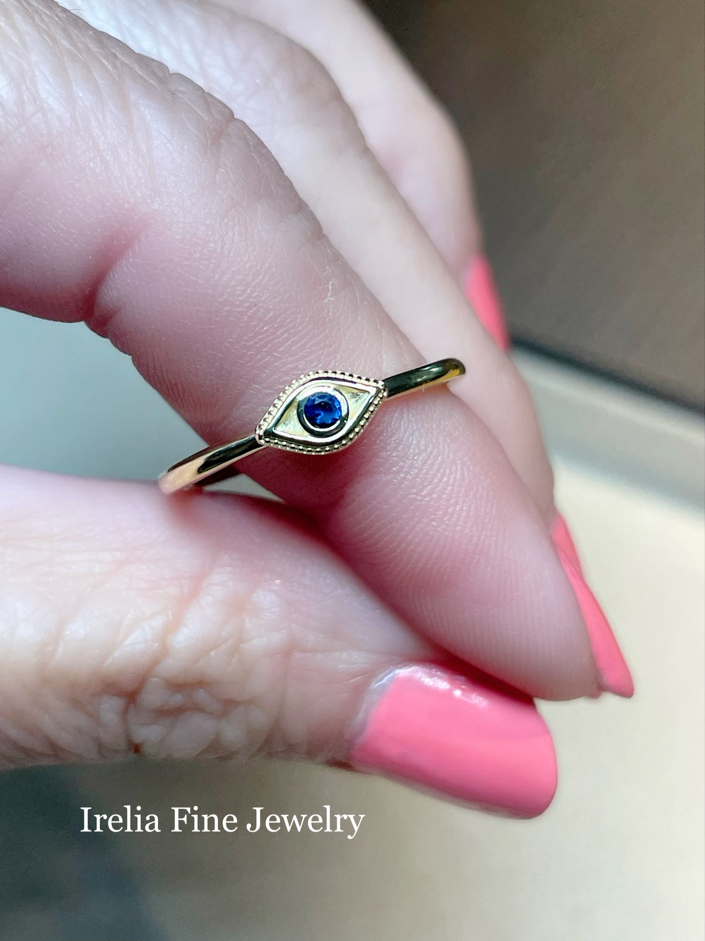 14K Yellow Gold Lab-Grown Blue Sapphire Stackable Evil Eye Ring  - Size 7