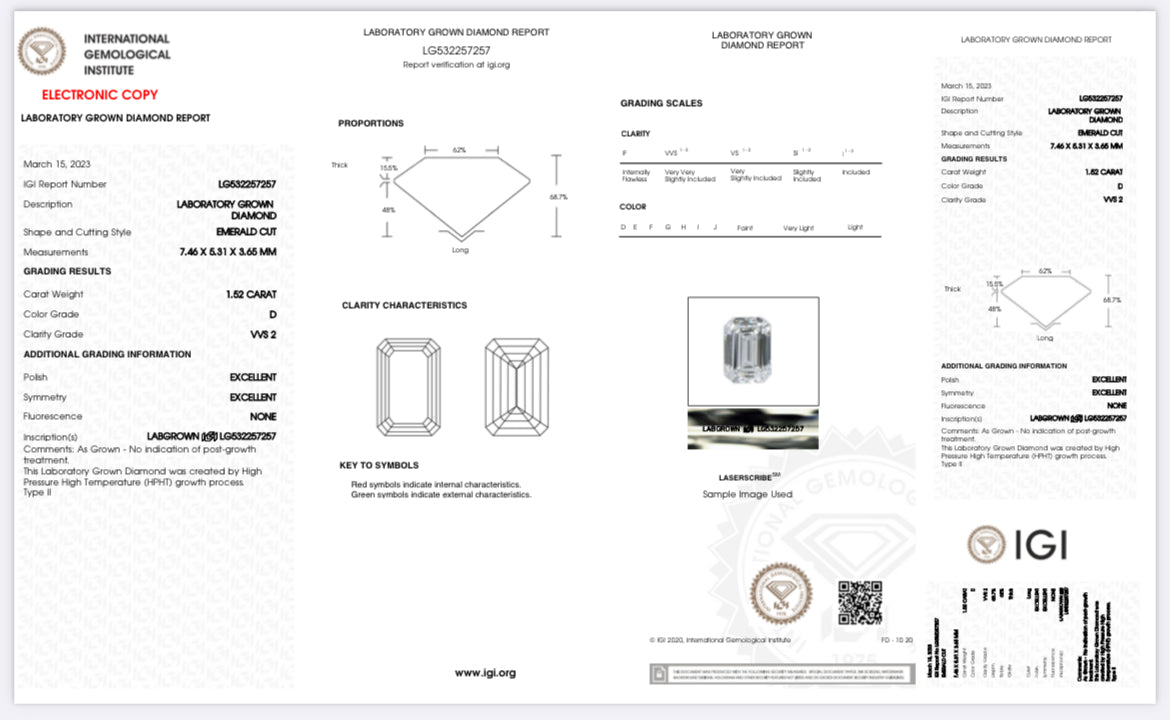 Emerald 1.52 Carat Lab Grown Diamond , Color D , Clarity VVS2 , IGI Report LG532257257
