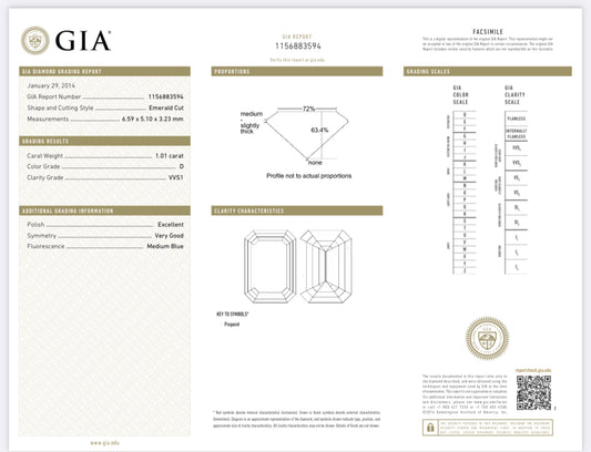 1.01 Carat Emerald Cut Diamond D , VVS1 , GIA CERTIFICATE 1156883594