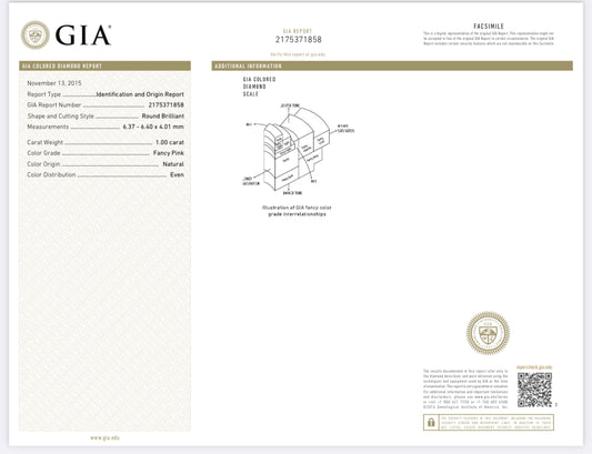Round 1.00 Carat Fancy Pink, Natural Colored Diamond GIA Diamond Report 2175371858