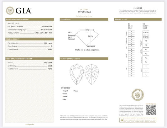 1.02 Carat Pear Shape  Diamond E , VVS1 , GIA Certified 2175131268 //