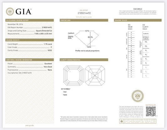 1.75  Carat Asscher Cut Diamond F , VVS2 , GIA CERTIFICATE 3231100313