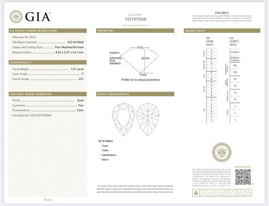 1.01 Carat Pear Shape  Diamond F, VS1 , GIA Certified 5221815068