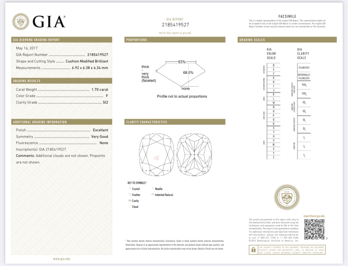 1.70 Carat Cushion Cut Diamond F , SI2 , GIA Certified  2185419527