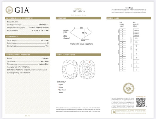 1.01 Carat Cushion Cut Diamond H , VS2 , GIA Certified  2171927434