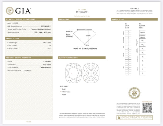 1.41 Carat Cushion Cut Diamond D , VS1 , GIA Certified  2221408521