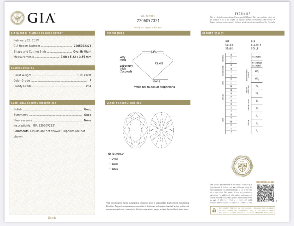 1.00 Carat Oval Cut Diamond F , VS1 , GIA CERTIFICATE 22050922321