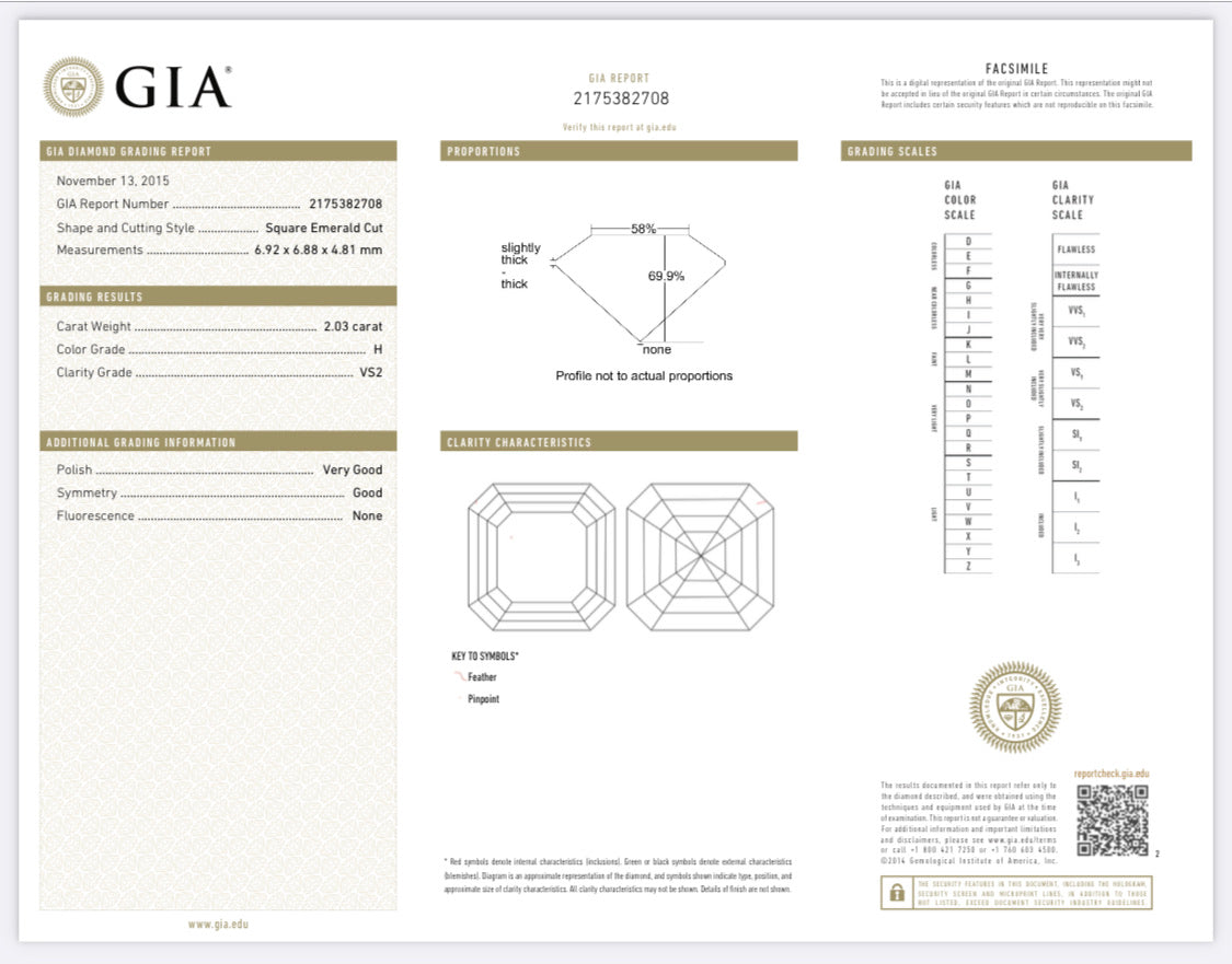 2.03 Carat Asscher Cut Diamond H , VS2 , GIA CERTIFICATE 2175382708   //